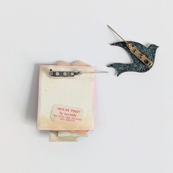 Brooch Duo Swirl Enamel Bird, Designs By Lucinda House Pin Red Yellow Blue - Picture 4 of 7